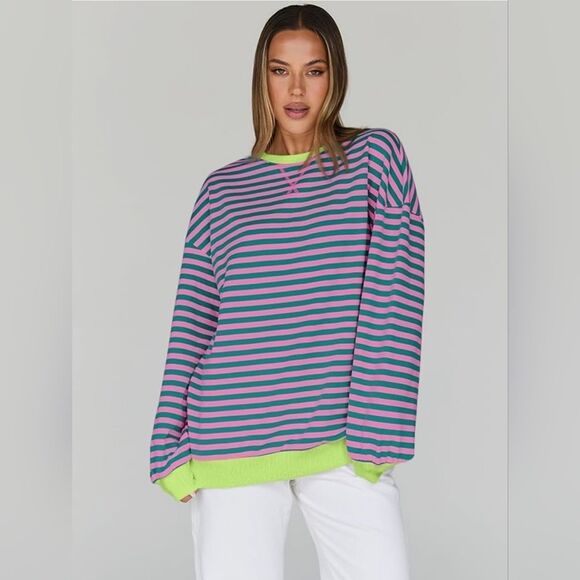 ☔️🔹️NWT Neon & Striped Drop Shoulder Oversized Sweatshirt Medium - Picture 13 of 14